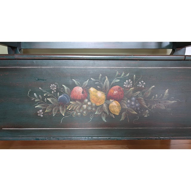 Wood Hand-Painted Folk Art Storage Bench – Rustic Green With Floral Motifs For Sale - Image 7 of 10