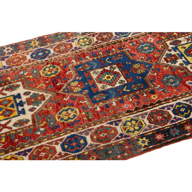1900 - 1909 Red Vintage Kazak Caucasian Wool Runner With Multicolor Geometric Design For Sale - Image 5 of 8