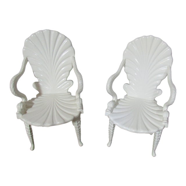 Pair Mid-Century Italian Neo-Classical Carved Wood White Lacquer Shell & Dolphin Chairs For Sale