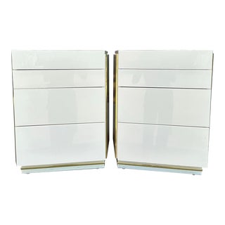 Pair of Lacquered and Brass Postmodern Nightstands Angled Fronts For Sale