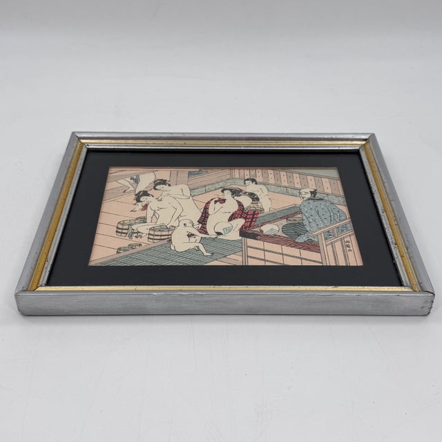 Metal Vintage Japanese Woodblock Bathhouse Scene After Torii Kiyonaga For Sale - Image 7 of 9