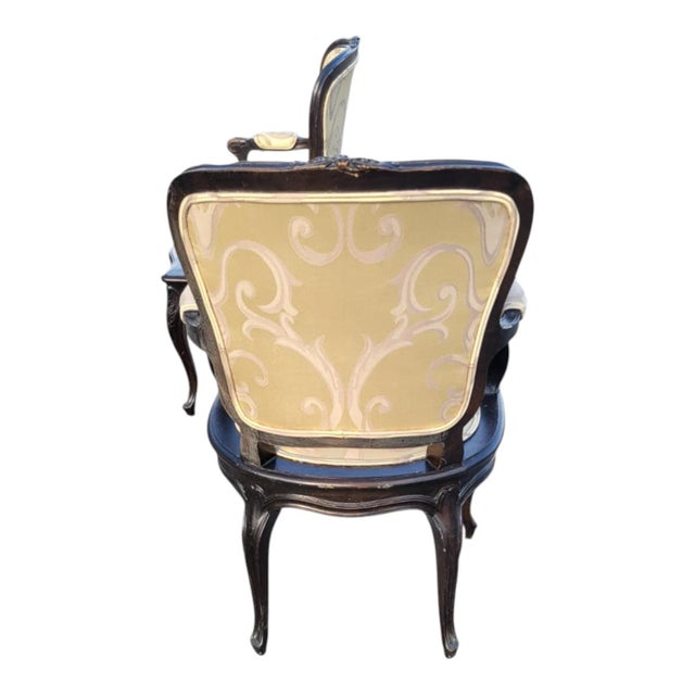 Pair 1940s French Provincial Maple Louis XV Ebony Armchairs – Newly Upholstered For Sale - Image 13 of 16