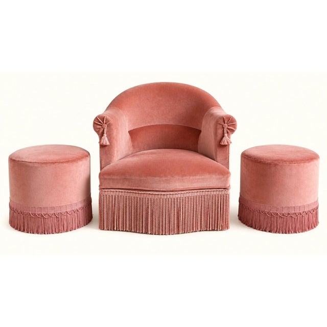 Napoleon III Lounge Chair and Poufs in Pink Velvet, 1800s, Set of 3 For Sale - Image 13 of 13