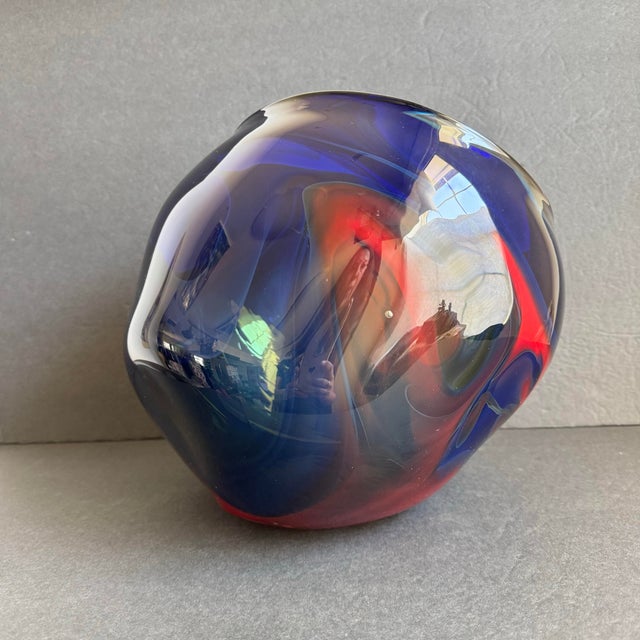 Late 20th Century Vintage Blue Art Glass Vase Organic Bowl XL Center Piece Red Green Swirl For Sale - Image 5 of 11