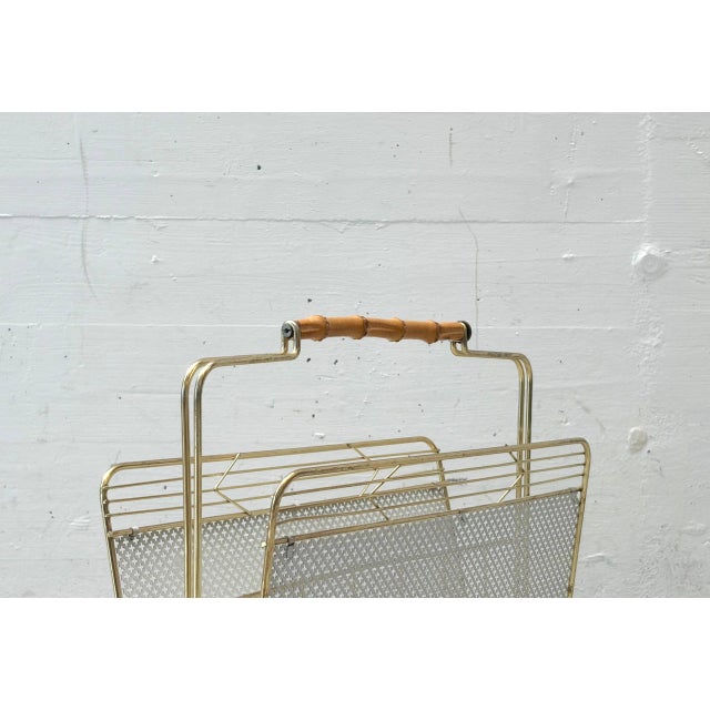 Gold Vintage Metal Newspaper Holder with Wooden Handle, 1950s For Sale - Image 8 of 11