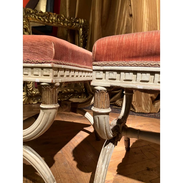 Wood Antique Italian Louis XVI Style Lacquered and Parcel Gilt Stools, 1890s, Set of 2 For Sale - Image 7 of 18