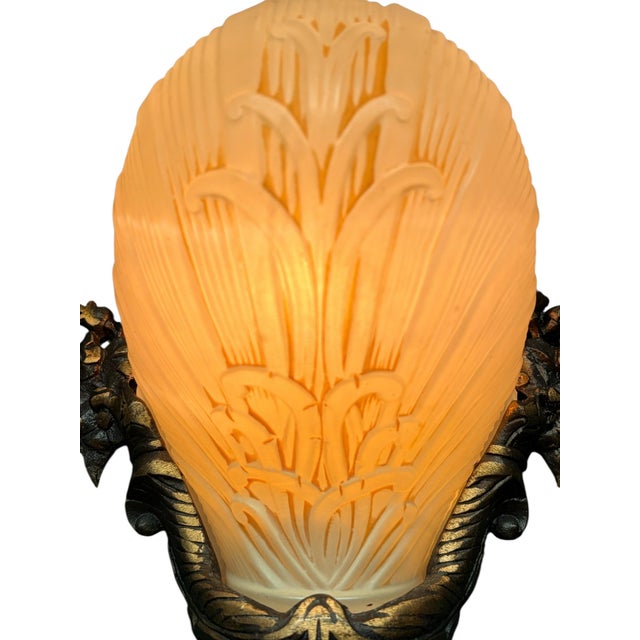 1930s Cast Bronze Wall Sconces With Ivory Art Deco Shades Original Finish - Pair For Sale - Image 13 of 15