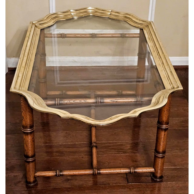 Mid-Century Hollywood Regency Oak Faux Bamboo Cast Brass and Glass Tray Coffee Table For Sale In Washington DC - Image 6 of 10