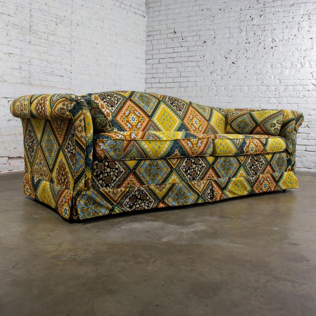 Late 20th Century Camelback Sofa W/Multicolored Patchwork Fabric & Tight Back by Rowe Furniture For Sale - Image 9 of 18
