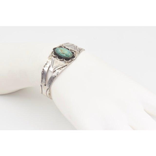 Mid 20th Century Native American Style Turquoise Sterling Silver Cuff Bracelet With Old Pawn Marks For Sale - Image 10 of 10