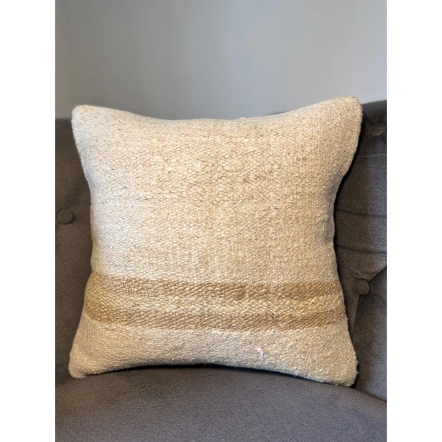 Vintage Turkish Hemp Pillow, Natural Ivory Camel Band Cushion, Handwoven Anatolian Pillow With Insert, 16x16 In For Sale In New York - Image 6 of 8