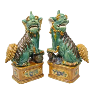 Vintage Chinese Famille Verte Pottery Foo Dogs Guardian Lions - a Pair