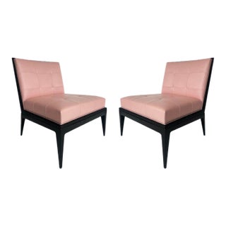 Magni Home Plaza Slipper Lounge Chairs, Pink Lambskin Upholstery, Ebonized Wood Finish For Sale