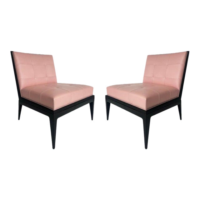 Magni Home Plaza Slipper Lounge Chairs, Pink Lambskin Upholstery, Ebonized Wood Finish For Sale