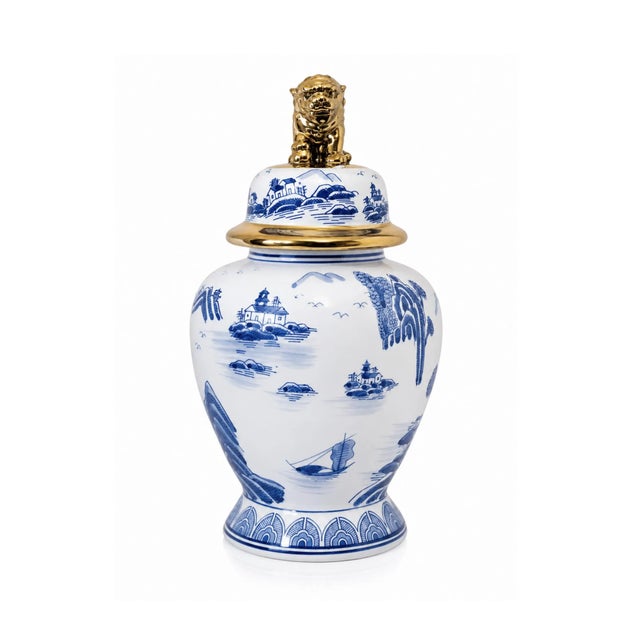 Chinoiserie Blue and White Chinoiserie Ginger Jars With Gold Lion Finials – Porcelain Temple Vases For Sale - Image 3 of 4