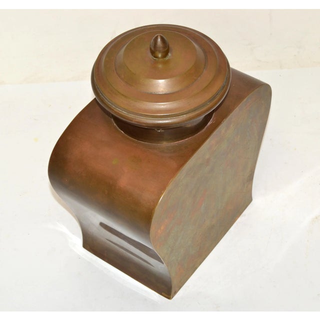 Mid-Century Modern Lidded Tinned Brass Urn Asian Influenced Mid-Century Modern Vessel 1960 For Sale - Image 3 of 12