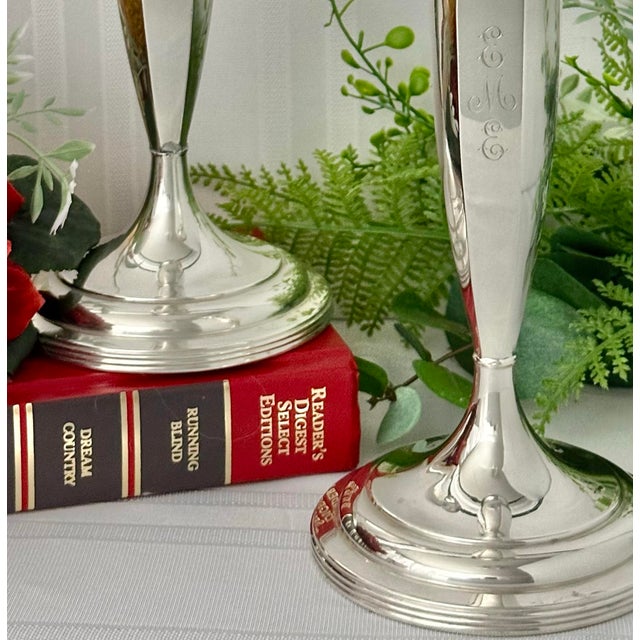 Mid 20th Century Sterling Silver Wallace Monogramed Single Candlesticks - Set of 2 For Sale In Phoenix - Image 6 of 12