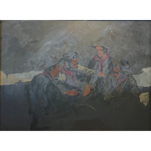 Matthew Benedict (American 1968) impressionist gouache painting depicting an interior scene of four men seated at a table....