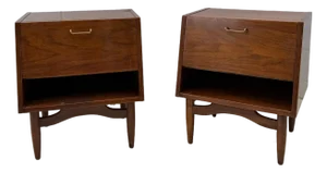 Mid 20th Century Pair of American of Martinsville “Dania” Walnut Drop-Down Mid Century Modern Nightstands