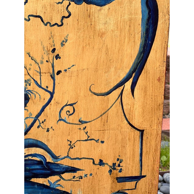 Pair of Hand Painted Blue Chinoiserie Chic Wall Hanging Giltwood Panels For Sale - Image 14 of 16