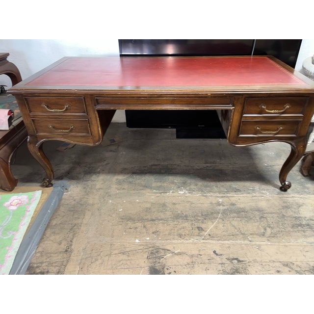 Late 20th Century Large Leather Top Walnut Desk Louis XV Style For Sale - Image 10 of 12