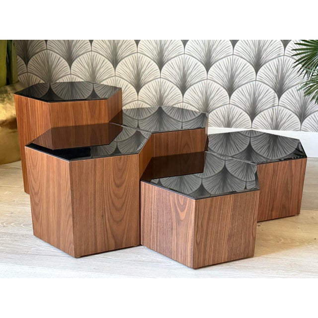 Wood Mid-Century Modern-Style Modular Geometric Hexagonal Walnut and Glass Coffee Table or Pedestal Side Tables Attributed to Modloft For Sale - Image 7 of 11