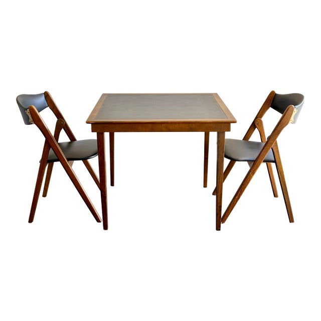 Mid-Century 1960s Coronet “Wonderfold” Walnut Table & Pair of Folding Chairs Set With Black Vinyl for Poker Game or Breakfast Nook For Sale