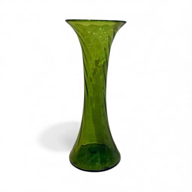 Vintage Handblown Blenko optic swirl Floor Vase Model number 6928 in Olive Green.