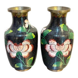Black/Pink Floral Cloisonne' Vases Set of Two For Sale