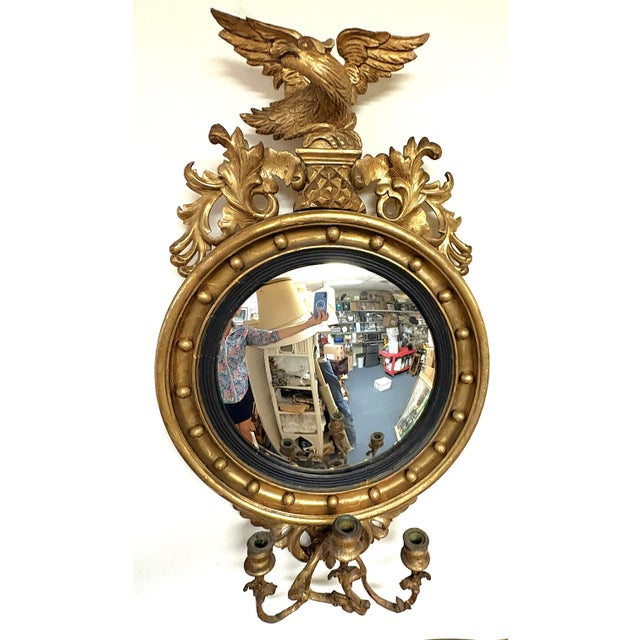 19th Century Federal Convex Bullseye Mirror With Eagle Pediment and Three Candle Holders For Sale - Image 13 of 18