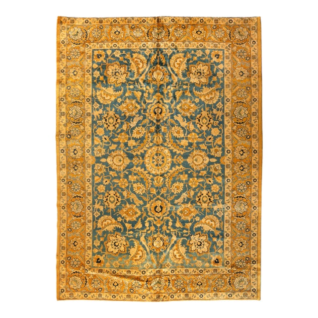 Antique Persian Gold Blue Tabriz Hunting Design Rug Birds Animals For Sale