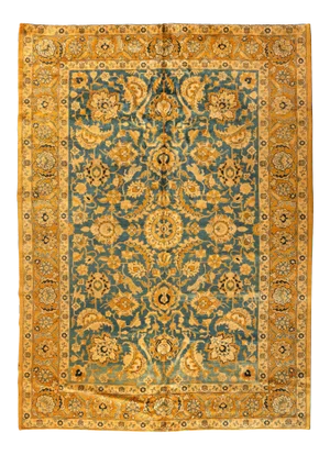 Antique Persian Gold Blue Tabriz Hunting Design Rug Birds Animals