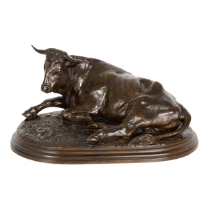 Circa 1880 French Antique Bronze Sculpture “Resting Bull” by Rosa Bonheur
