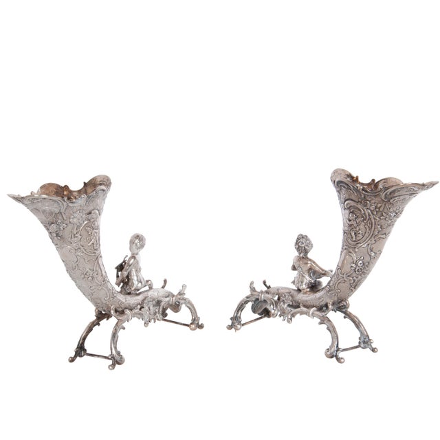 Silver Pair of Antique German Repoussé 800 Silver Cornucopia Cherub Vases Hanau 1890 For Sale - Image 8 of 12