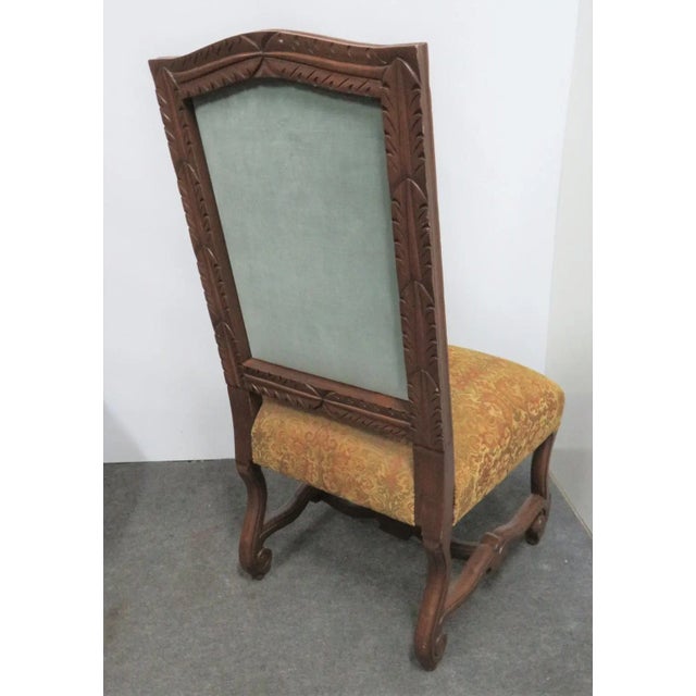 10 Rococco Style Italmond Furniture Co Dining Chairs, carved leaves around back of chair, back turquoise upholstered with...