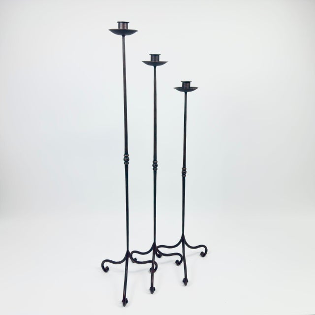 2020s Hand Forged Iron Candelabra Set of 3 (91-111cm) Antique Copper Finish Straight Stem with Classic Scroll Feet For Sale - Image 5 of 6