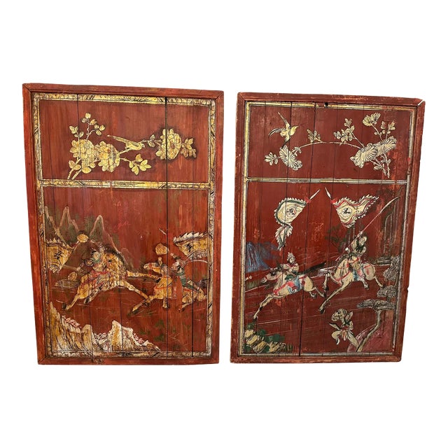Pair of Distressed Antique Chinese Hand Painted Wooden Panels For Sale