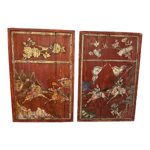 Pair of Distressed Antique Chinese Hand Painted Wooden Panels