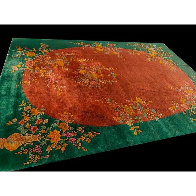 Art Deco 1920s Orange Open Field Floral Modern Antique Chinese Art Deco Knotted Wool Rug For Sale - Image 3 of 11