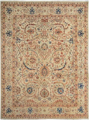 1990s Shabby Chic Kafkaz Tan/Blue Hand-Knotted Rug - 6'6 X 9'7