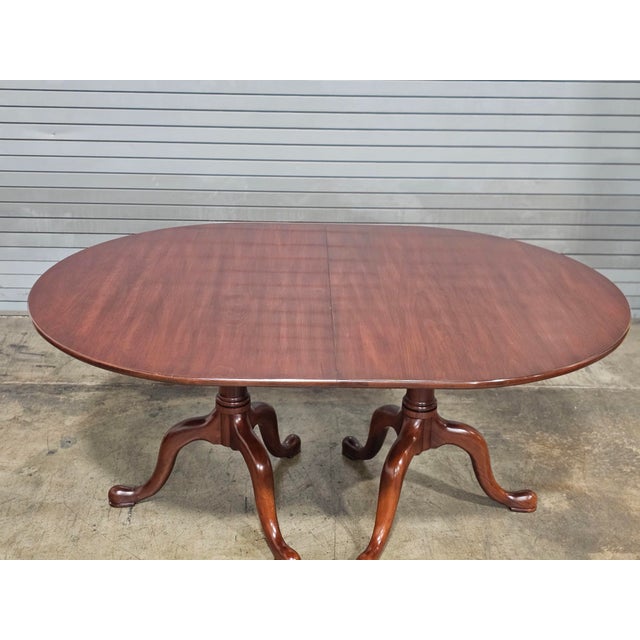 Queen Anne 1990s Henkel Harris Wild Black Cherry Two Pedestal Dining Table 3 Leaves & Table Pads For Sale - Image 3 of 17
