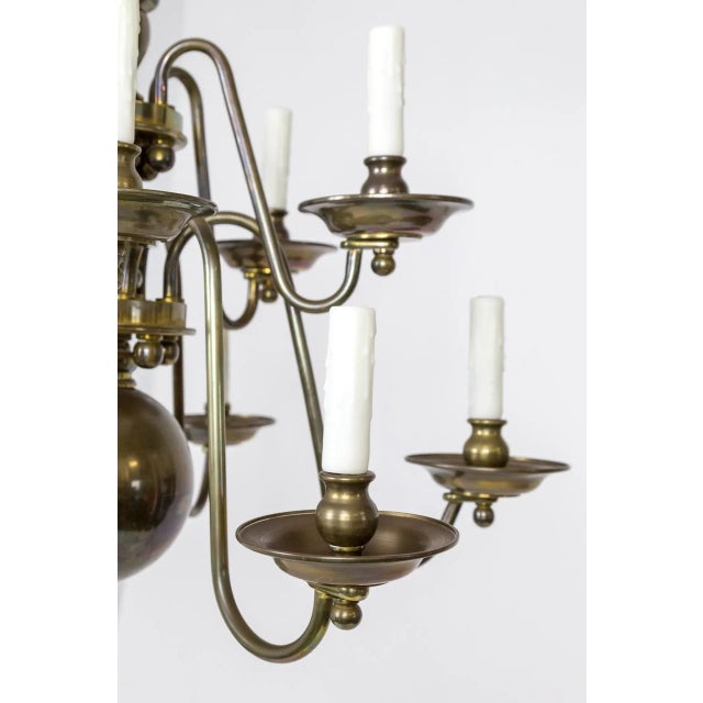 Dutch Baroque Style 2-Tier Aged Brass 12-Light Chandelier For Sale - Image 10 of 13