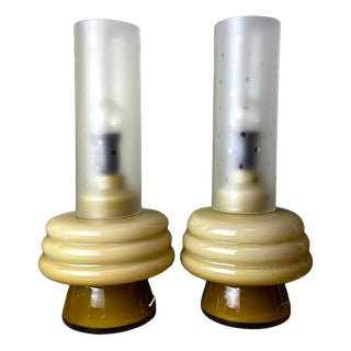 Mid-Century Modern Portuguese Olive Green and Frosted Ribbed Glass Table Lamps, 1970s, Set of 2 For Sale
