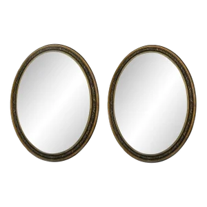 Pair Large Early 20th C French Bronze Oval Frame Bevel Edge Mirrors