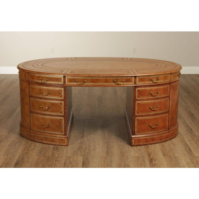 Maitland Smith Leather Wrapped Oval Executive Partners Desk For Sale - Image 18 of 18