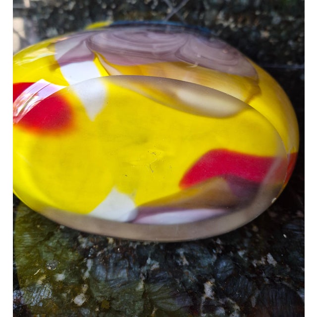 Contemporary Hand-Blown Murano Style Post Modern Art Glass Flattened Pillow Vase – Yellow, Plum & Cobalt Blue (Jg) For Sale In Palm Springs - Image 6 of 10