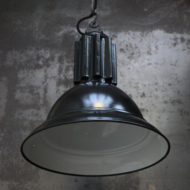 Vintage French Industrial Black Enamel Factory Pendant Lamp For Sale - Image 5 of 6