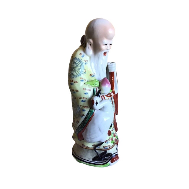 Chinese Vintage Mid 20th Century Chinese Famille Rose God of Longevity Hand Painted Porcelain Figurine For Sale - Image 3 of 10