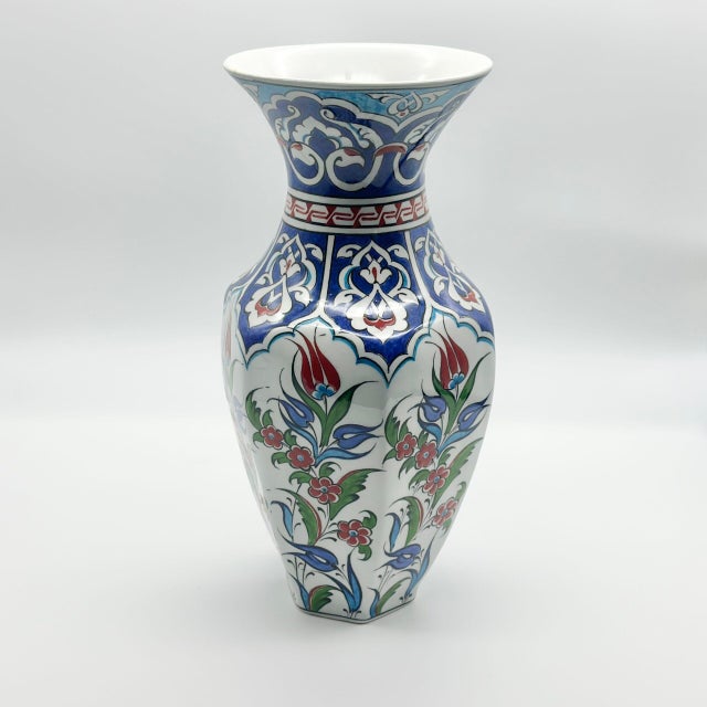 Handmade Ceramic Vase (25cm) Traditional Turkish Floral Art – Faceted Hexagonal Body with Cobalt Blue Rumi Motifs For Sale - Image 4 of 8