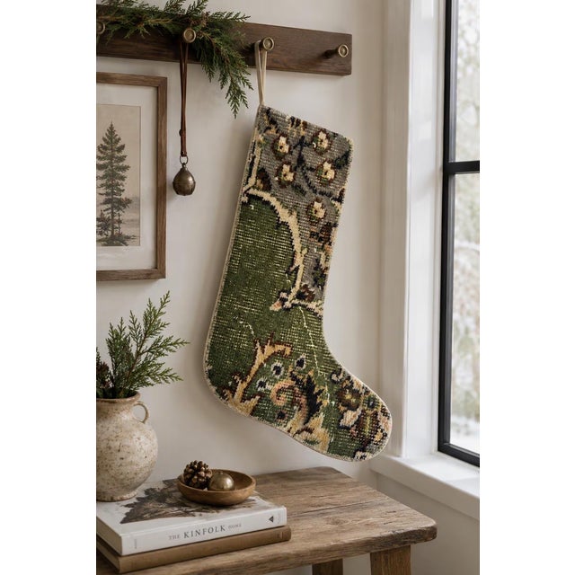 Boho Chic Two-Tone Vintage Kilim Christmas Stocking, Olive Green & Gray Floral Wool, 11.8 X 17.7 in – One of a Kind Decor For Sale - Image 3 of 6